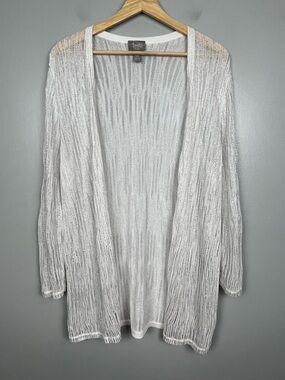 Chico’s Travelers white & silver open knit open front cardigan, XL.